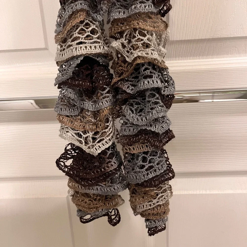 Ruffle Sashay Scarf Brown Grey Metallic Mesh Knit Lace Boa Spiral